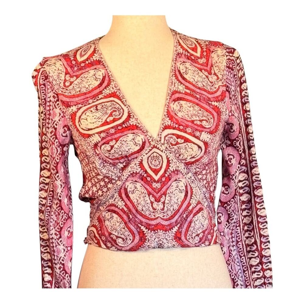 Free People Boho Cropped V-Neck Blouse Pink Print Boho Chic Printed Floral XS